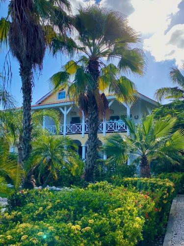 a white house with palm trees in front of it at Abondante Paradise in Jan Thiel