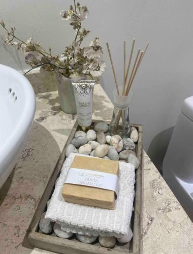 a bathroom with a tray with rocks and a sink at Habitaciones SkY VIEW in Mexico City