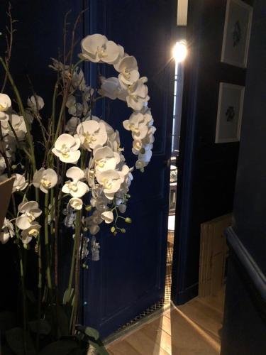 a vase with white flowers in front of a blue door at Room B - Louvre Museum in Paris
