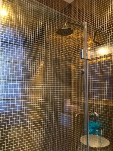 a bathroom with a shower with a tiled wall at Room B - Louvre Museum in Paris