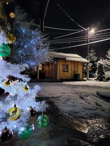 a christmas tree in front of a log cabin at Drveni san Senović 2 in Banja