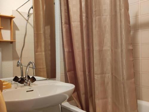 une salle de bain avec un lavabo et un rideau de douche dans l'établissement Studio ski-in ski-out à La Joue du Loup - FR-1-504-691, à La Joue du Loup