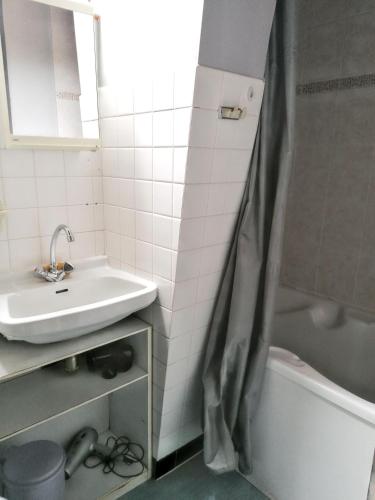 une salle de bain avec un lavabo et un rideau de douche dans l'établissement Appartement familial à La Bourboule - 55 m² avec TV dans la chambre, à La Bourboule