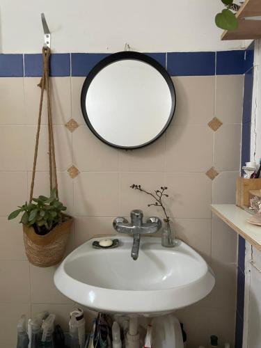 a bathroom with a sink and a mirror on the wall at על ראש הגבעה- משק 68 in Ilaniya