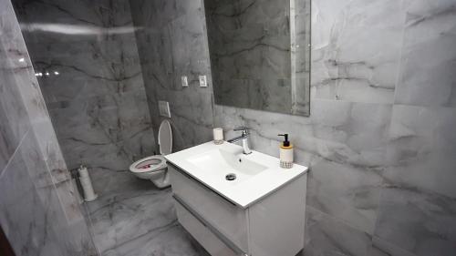 a bathroom with a white sink and a toilet at Kokavská izba - Apartmány in Kokava na Rimavica