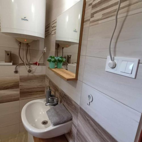 a bathroom with a sink and a mirror at Boglárka Horgásznyaraló in Gyomaendrőd