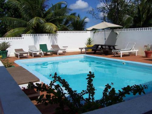 a swimming pool with chairs and a table and a umbrella at Almond tree villa in Ocho Rios