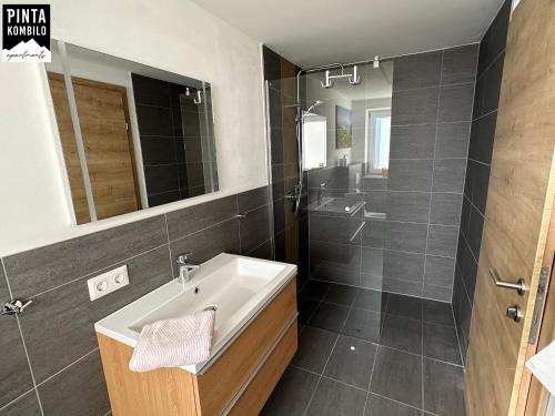 a bathroom with a tub and a sink and a shower at Pinta Kombilo Apartments in Gröbming