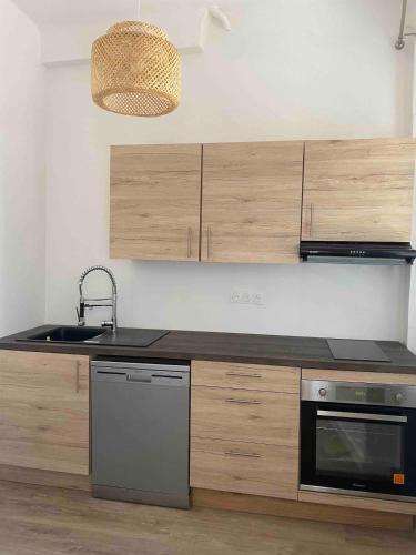 La cuisine est équipée de placards en bois, d'un évier et d'un lave-vaisselle. dans l'établissement La plaine - T1BIS- Clim, à Marseille