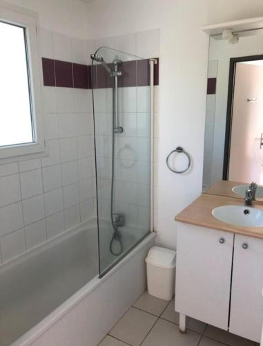 une salle de bain avec douche et lavabo dans l'établissement Appartement Résidence avec piscine, à Saint-Geniez-dʼOlt