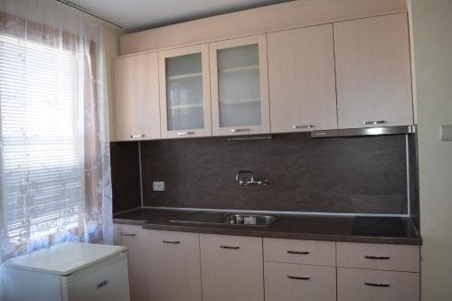 ツァレヴォにあるVanya Apartmentの白いキャビネットとシンク付きのキッチン