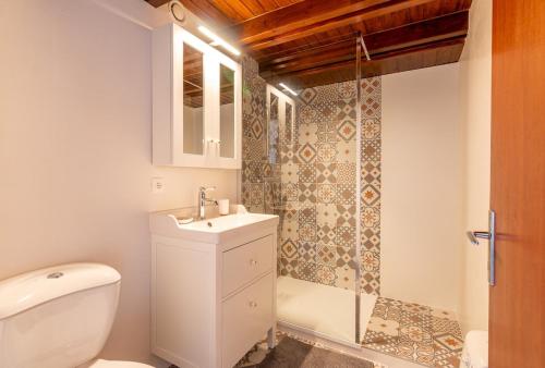 une salle de bain avec toilettes, lavabo et douche dans l'établissement Logement atypique avec mezzanine, à Lingolsheim