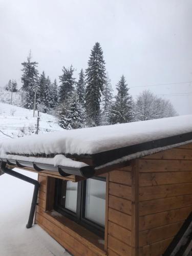 a snow covered roof on top of a cabin at Садиба "ЯНА" in Slavske