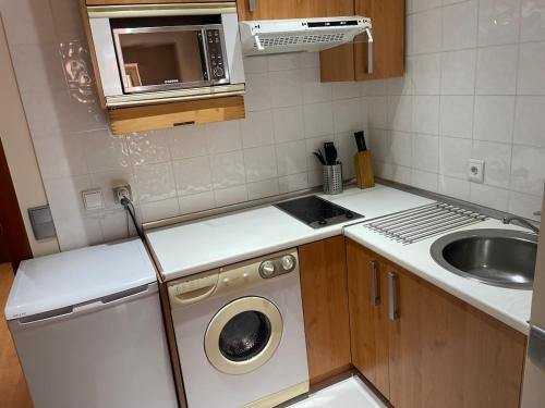 マドリードにあるChamartin St calle Mauricio Legendreの洗濯機とシンクを備えた小さなキッチン