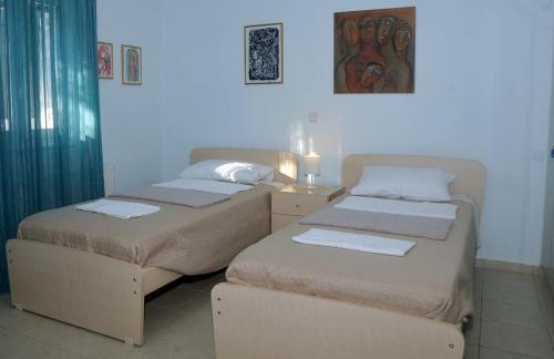 two beds sitting next to each other in a room at Villa Panorama in Makry Gialos