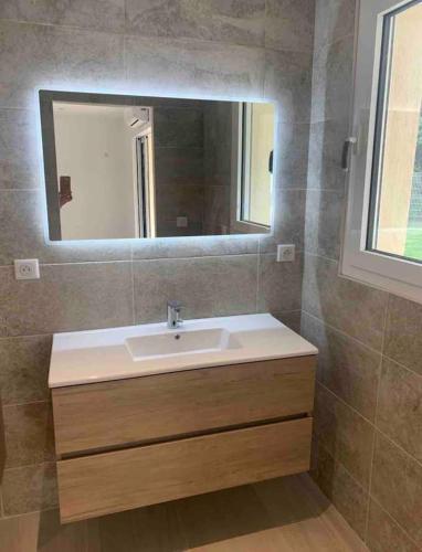 une salle de bain avec un lavabo et un miroir dans l'établissement Magnifique studio indépendant, à Vinon-sur-Verdon