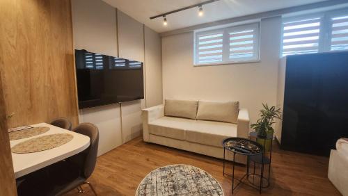 a living room with a couch and a tv at Apartmani Dobrinja - Free parking- Rent a car in Sarajevo
