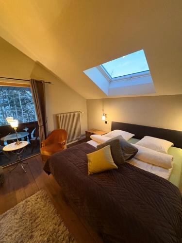 a bedroom with two beds and a skylight at Maison d hotes villa les pervenches in La Chaux-de-Fonds