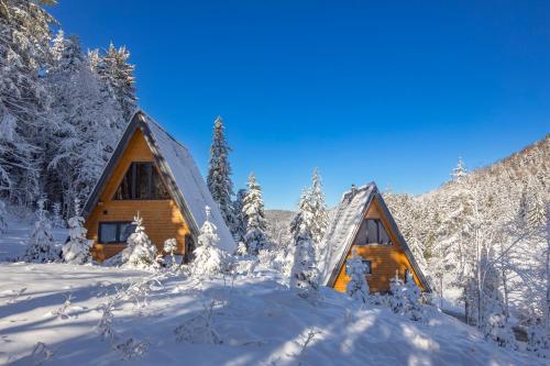 a cabin in the woods covered in snow at Gorska bajka - Tisa, planinska kuća za odmor i wellness in Stara Sušica