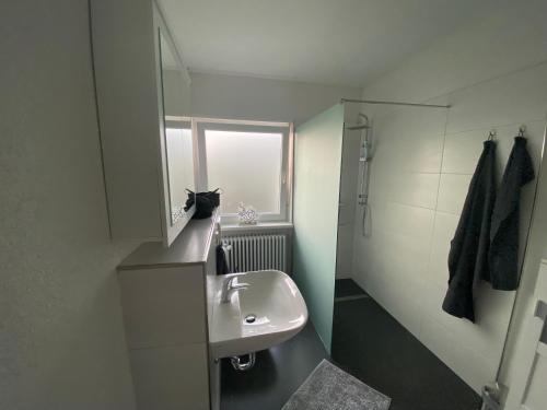 a small bathroom with a sink and a window at Ferienhaus Mayer Dahn Wohnung Neven in Dahn