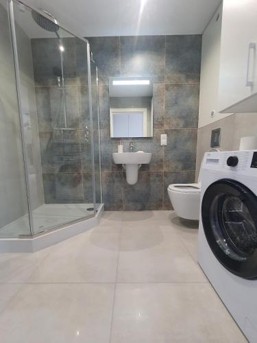 a bathroom with a washing machine and a toilet at przytulny apartament in Mielec