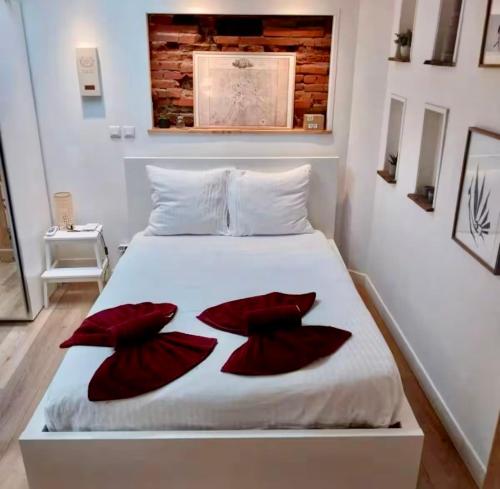 - une chambre avec un lit doté d'oreillers rouges dans l'établissement Charmant duplex au cœur de Toulouse, à Toulouse