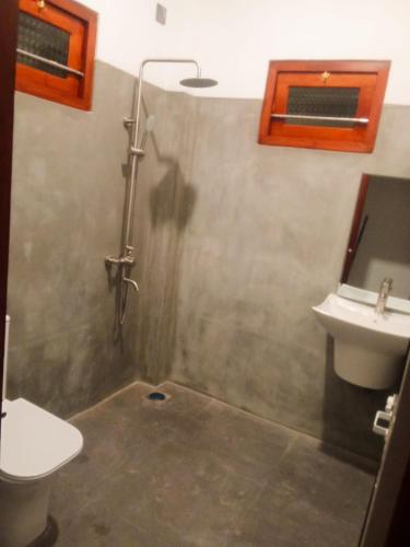 a bathroom with a shower and a toilet and a sink at Tranquil Cottage in Ahangama