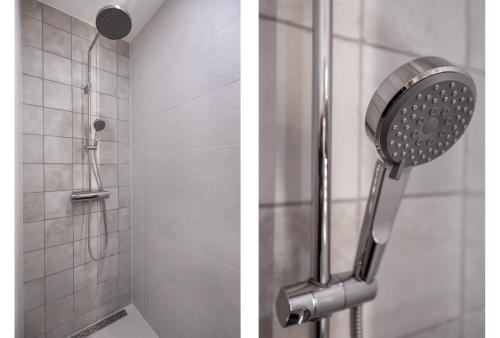 two pictures of a shower with a shower head at Charming Retreat Apartment City 20Alpha in Delft