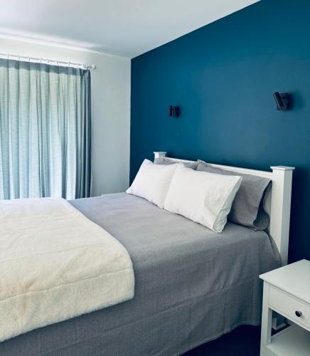 a blue bedroom with a bed and a window at Athol Country Bed and Breakfast in Athol