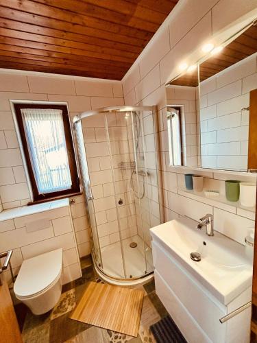 a bathroom with a shower and a toilet and a sink at 2 - Gemütlicher Bungalow am Fuße der Wasserkuppe in Dipperz