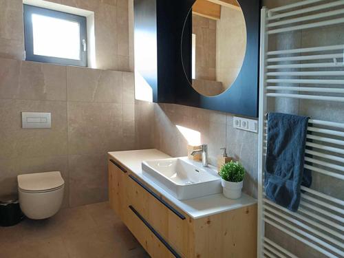 a bathroom with a sink and a toilet and a mirror at Wellness Chalupy LETOKRUHY in Jeseník