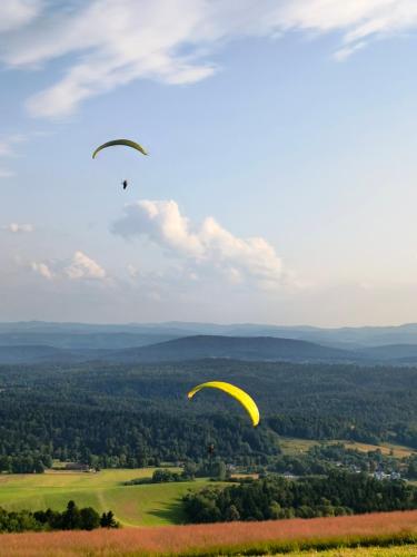 twee paragliders vliegen in de lucht bij APARTAMENT z aneksem kuchennym BARBARKI in Solina