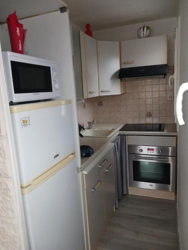 La cuisine est équipée d'un réfrigérateur blanc et d'un four micro-ondes. dans l'établissement le cap d'agde, Port Raphaël, apt 5 pers, clim, piscine, au Cap d'Agde