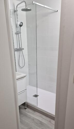 une douche avec une porte vitrée dans une salle de bain dans l'établissement le cap d'agde, Port Raphaël, apt 5 pers, clim, piscine, au Cap d'Agde