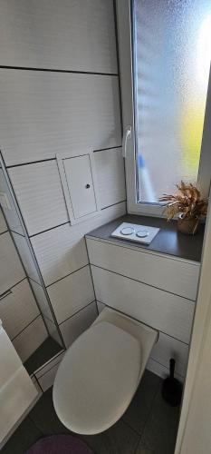 ein kleines Badezimmer mit Toilette und Fenster in der Unterkunft Monteurzimmer mit Küche und Bad in Geislingen an der Steige