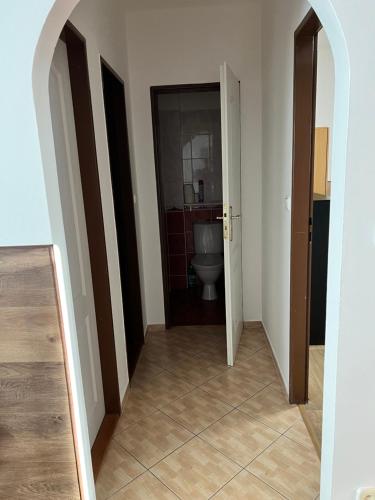 a hallway with a bathroom with a toilet at Penzion Mánes in Krabčice