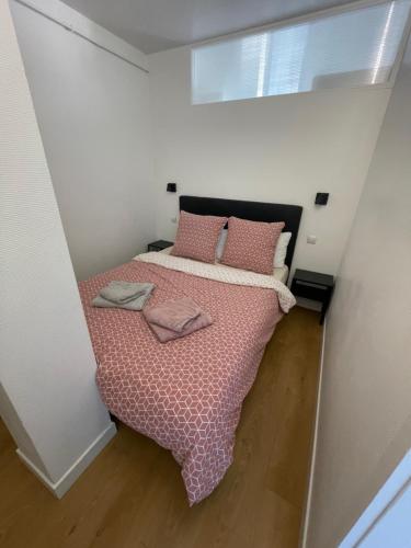 - une petite chambre avec un lit et des oreillers roses dans l'établissement T2 - Proche Gare SNCF et routière, à Orléans