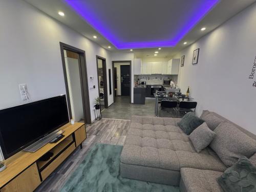 a living room with a couch and a flat screen tv at Oasis Residence Hajdúszoboszló in Hajdúszoboszló