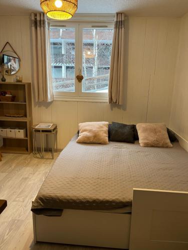 une chambre avec un lit dans une pièce avec une fenêtre dans l'établissement Studio COSY, à Saint-Chaffrey