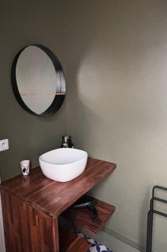 a bathroom with a white sink and a mirror at Villa Louisa in Saint Malo