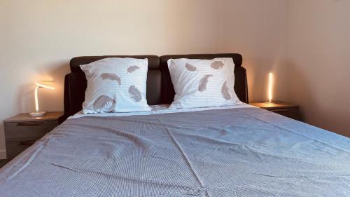 - un lit avec 2 oreillers et une couette bleue dans l'établissement Appartement T2 dans une résidence avec piscine, à Toulouse