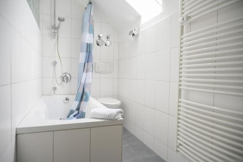 a bathroom with a shower and a toilet and a sink at Angela Apartments in Würzburg