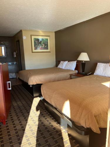 a hotel room with two beds and a lamp at Scottis inns in Hurricane Mills