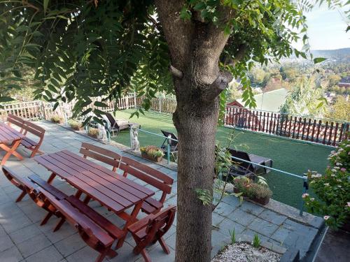 a picnic table and benches next to a tree at Attila's Guest House in Budaörs