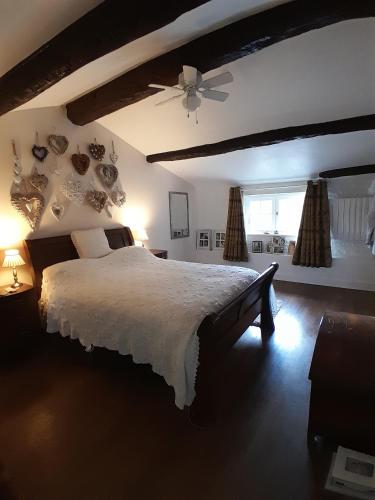 une chambre avec un grand lit et un ventilateur de plafond dans l'établissement La Maison du petit lac, à Messé