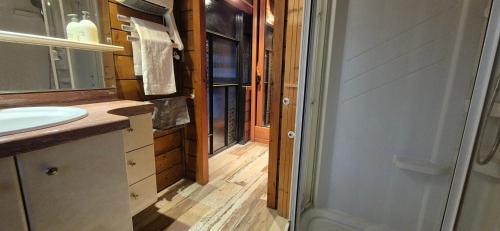 une salle de bains avec un lavabo et un miroir dans l'établissement La Corbassière, à Murs-et-Gélignieux