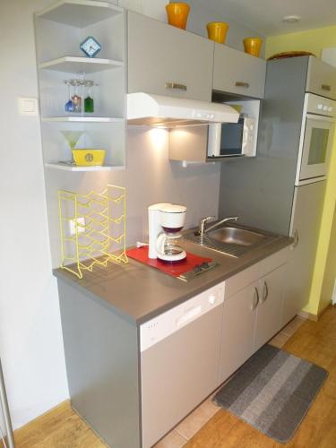 une petite cuisine avec un comptoir et un évier dans l'établissement G1 Nice fully equipped studio 1à 2 pers 3 stars WiFi, à Le Tholy