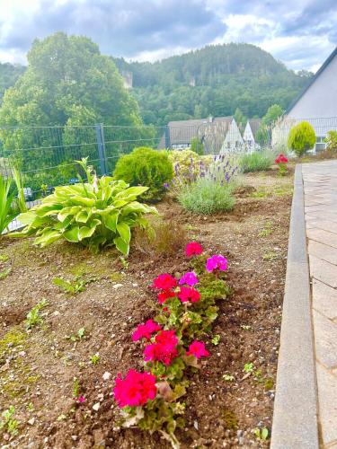 a garden with pink flowers in a yard at Ron vacation home in Gerolstein in Gerolstein