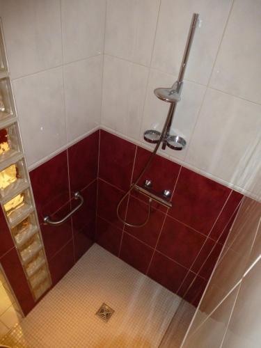 La salle de bains est pourvue d'une douche avec du carrelage rouge. dans l'établissement G2 Fully equipped apartment 1 à 4 pers 3 stars WiFi, à Le Tholy