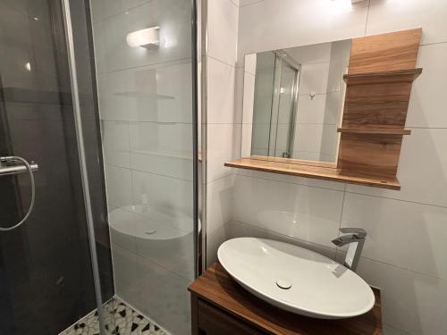 ジークブルクにあるSiegburg Zentrum, moderne Wohnung plus Maisonetteの洗面台とシャワー付きのバスルーム